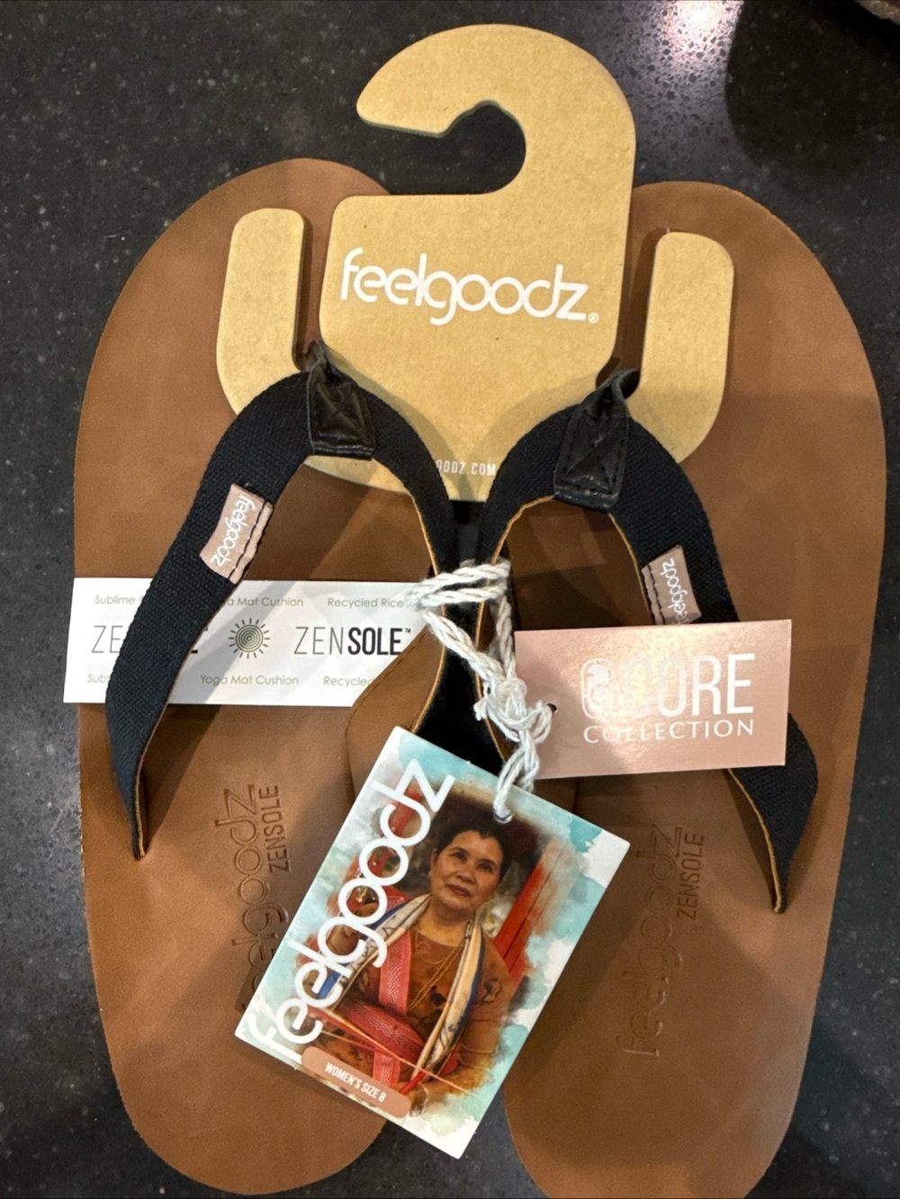 Feelgoodz Women's Brown Flip Flop Sandals with Black Straps